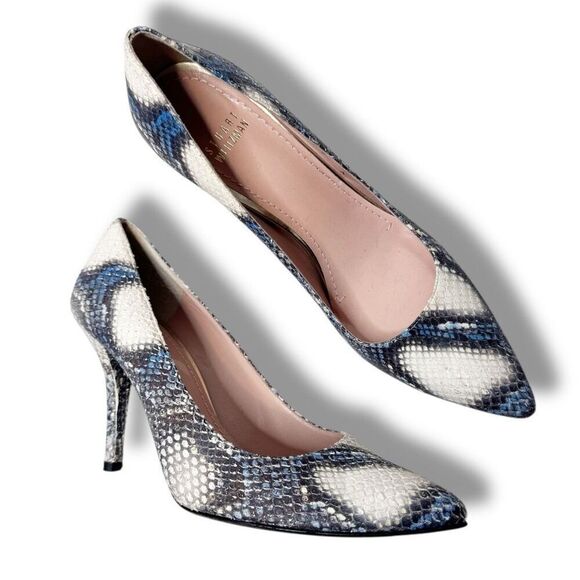 Stuart Weitzman Python Stiletto Pumps Women’s Size 8 Textured Blue Cream Snake - Picture 3 of 12